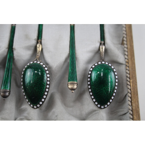 331 - 6 x Vintage .925 Sterling Silver Green Guilloche Enamel Teaspoons Cased (85g)