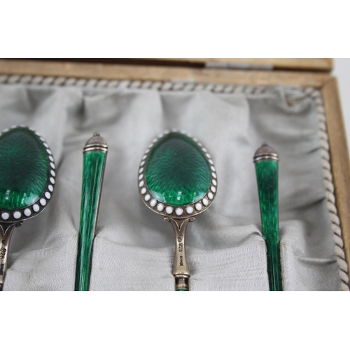 331 - 6 x Vintage .925 Sterling Silver Green Guilloche Enamel Teaspoons Cased (85g)