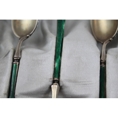 331 - 6 x Vintage .925 Sterling Silver Green Guilloche Enamel Teaspoons Cased (85g)