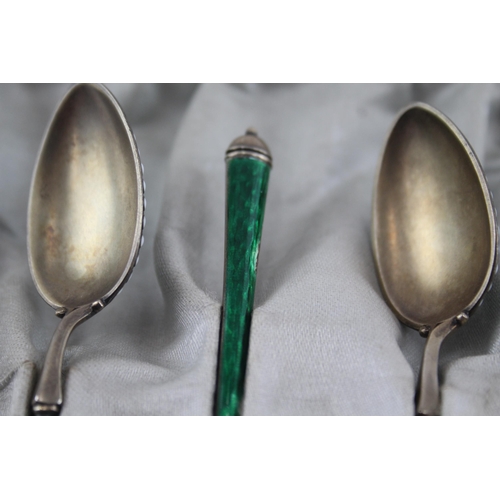 331 - 6 x Vintage .925 Sterling Silver Green Guilloche Enamel Teaspoons Cased (85g)