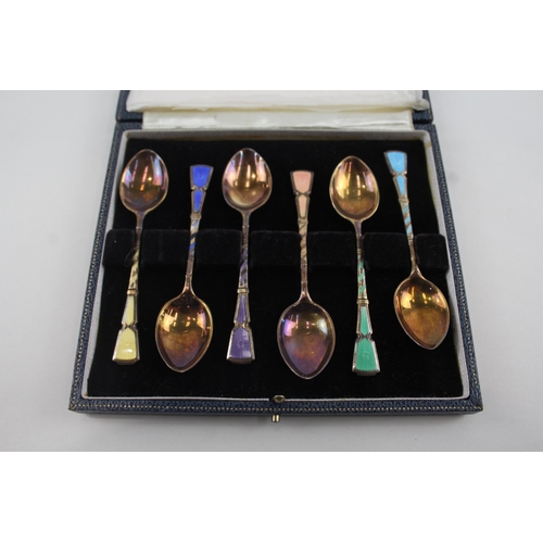 340 - 6 x Vintage 1967 Birmingham Sterling Silver Guilloche Enamel Teaspoons (66g)