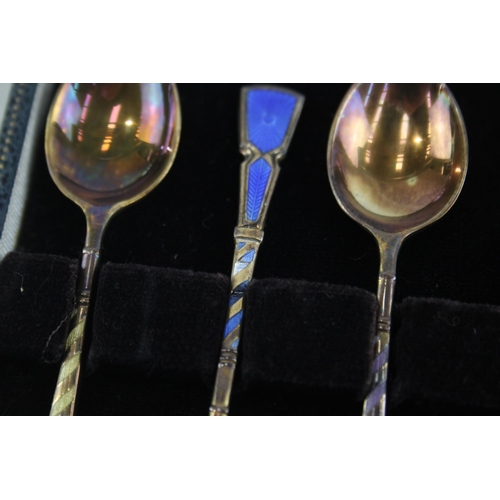 340 - 6 x Vintage 1967 Birmingham Sterling Silver Guilloche Enamel Teaspoons (66g)