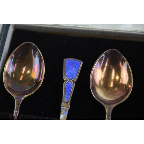 340 - 6 x Vintage 1967 Birmingham Sterling Silver Guilloche Enamel Teaspoons (66g)