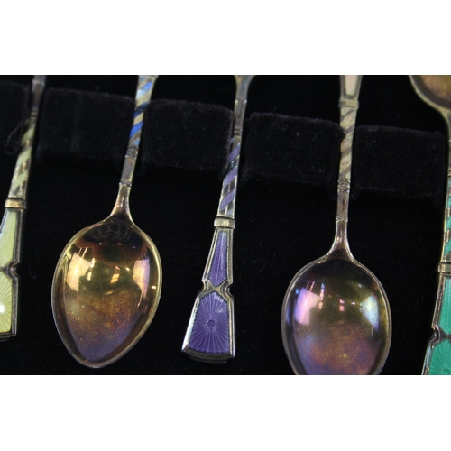 340 - 6 x Vintage 1967 Birmingham Sterling Silver Guilloche Enamel Teaspoons (66g)