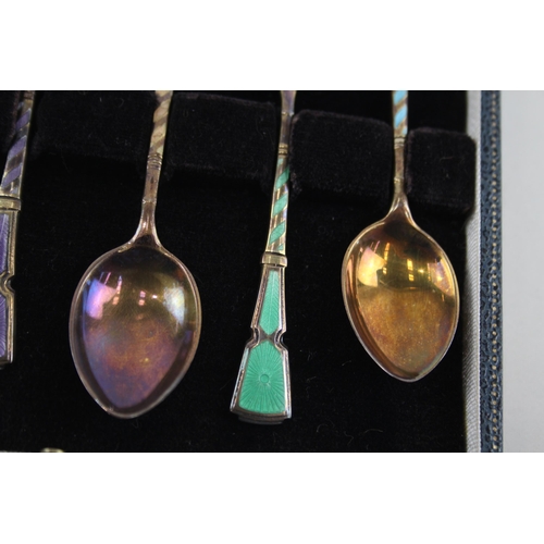 340 - 6 x Vintage 1967 Birmingham Sterling Silver Guilloche Enamel Teaspoons (66g)