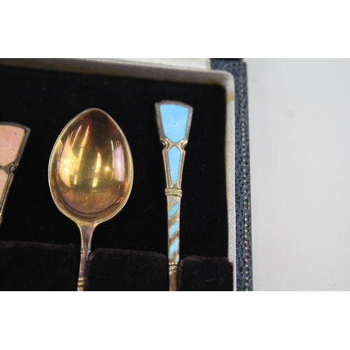 340 - 6 x Vintage 1967 Birmingham Sterling Silver Guilloche Enamel Teaspoons (66g)