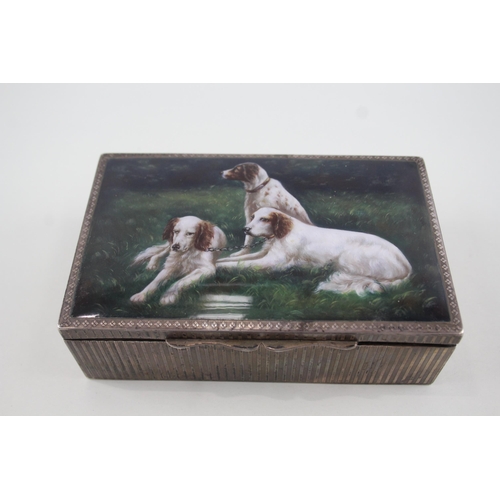 344 - Vintage Stamped .935 Silver Cigarette Box w Enamel English Spaniels (424g)