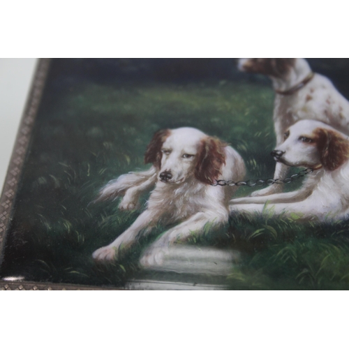 344 - Vintage Stamped .935 Silver Cigarette Box w Enamel English Spaniels (424g)