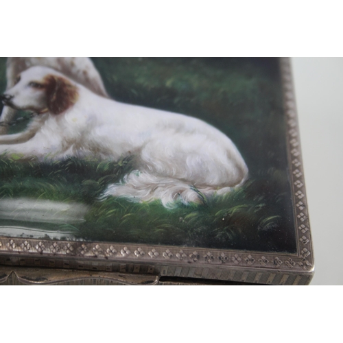 344 - Vintage Stamped .935 Silver Cigarette Box w Enamel English Spaniels (424g)