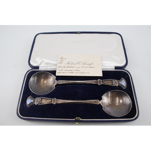 345 - 1938 London Sterling Silver Arts & Crafts Style Spoons w/ Abalone Shell (92g)