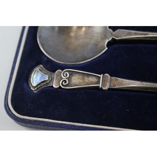 345 - 1938 London Sterling Silver Arts & Crafts Style Spoons w/ Abalone Shell (92g)