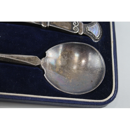 345 - 1938 London Sterling Silver Arts & Crafts Style Spoons w/ Abalone Shell (92g)