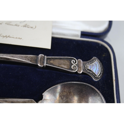 345 - 1938 London Sterling Silver Arts & Crafts Style Spoons w/ Abalone Shell (92g)