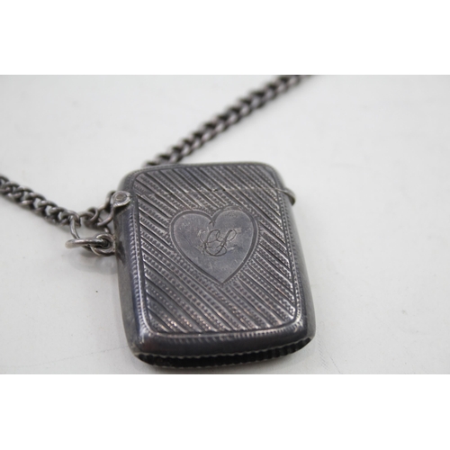 350 - Antique 1911 Birmingham Sterling Silver Vesta Case w/ Albert, Locket (35g)