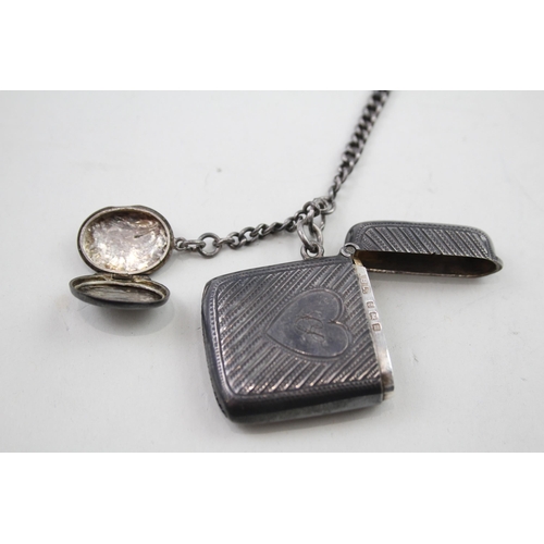 350 - Antique 1911 Birmingham Sterling Silver Vesta Case w/ Albert, Locket (35g)