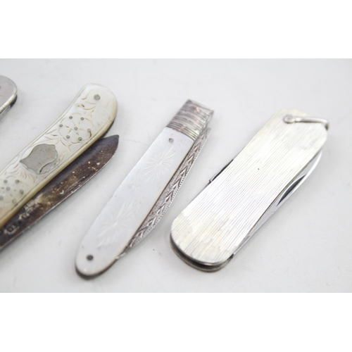 362 - 5 x Antique / Vintage Hallmarked .925 Sterling Silver Knives Inc Fruit, MOP 106g