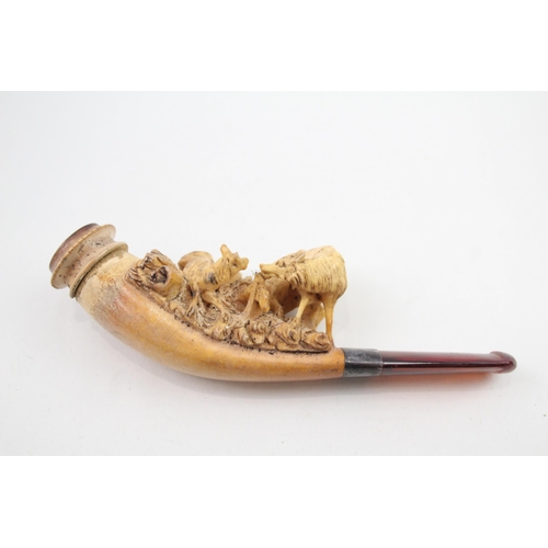 364 - Antique Carved Meerschaum Tobacco Smoking Pipe Of Man w/ Wolf Detail