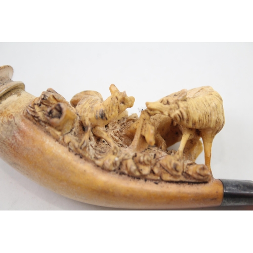 364 - Antique Carved Meerschaum Tobacco Smoking Pipe Of Man w/ Wolf Detail