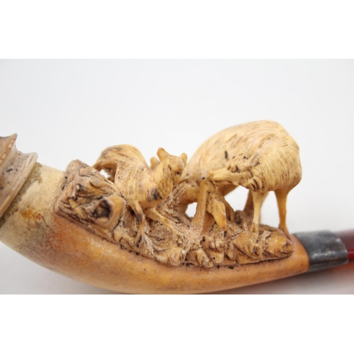 364 - Antique Carved Meerschaum Tobacco Smoking Pipe Of Man w/ Wolf Detail