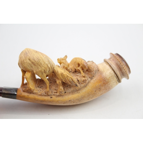 364 - Antique Carved Meerschaum Tobacco Smoking Pipe Of Man w/ Wolf Detail