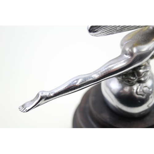 367 - Vintage ART NOUVEAU 'Flying Lady' Chrome Car Mascot / Emblem on Wooden Plinth