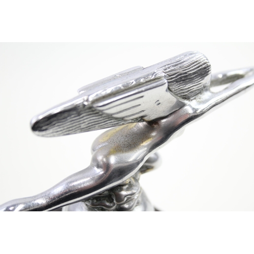 367 - Vintage ART NOUVEAU 'Flying Lady' Chrome Car Mascot / Emblem on Wooden Plinth