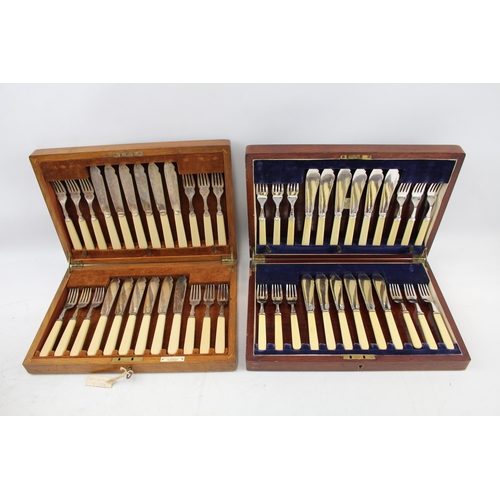 381 - Vintage Cutlery Sets FC&Co 24 Piece & Mappin & Webb Fish Set Wooden Canteen x 2