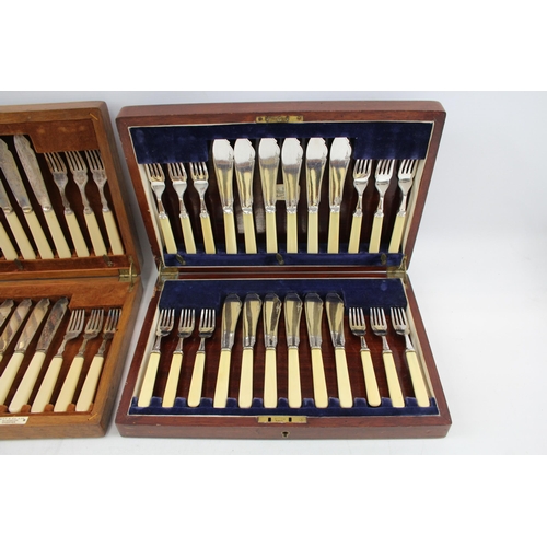 381 - Vintage Cutlery Sets FC&Co 24 Piece & Mappin & Webb Fish Set Wooden Canteen x 2