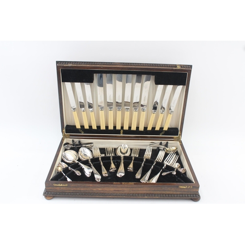 383 - Sibray & Hall Cutlery Set 48 Piece Silver Plate Vintage w/ Wooden Canteen