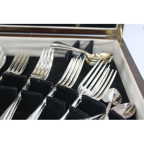 383 - Sibray & Hall Cutlery Set 48 Piece Silver Plate Vintage w/ Wooden Canteen