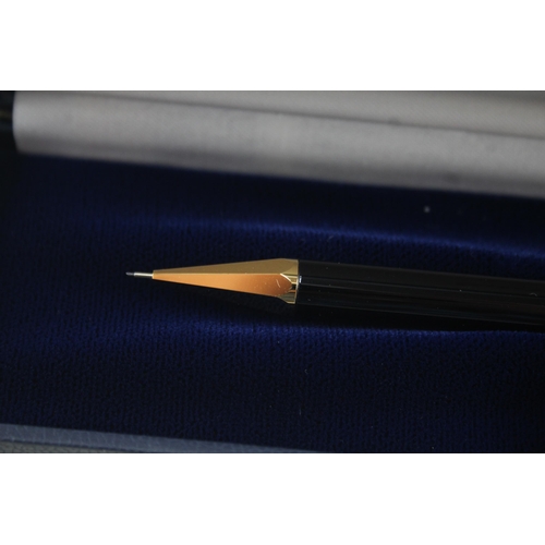 450 - Vintage BURBERRY Black Lacquer Propelling Pencil w/ Gold Plate Detail, Box Etc