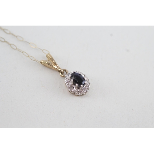 100 - 9ct gold diamond & sapphire oval cluster pendant necklace (1.2g)