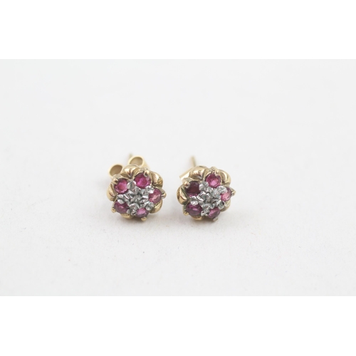 102 - 9ct gold diamond & ruby floral cluster stud earrings (1.1g)