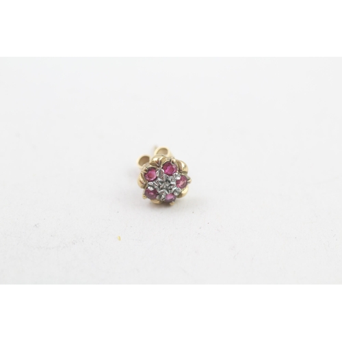 102 - 9ct gold diamond & ruby floral cluster stud earrings (1.1g)