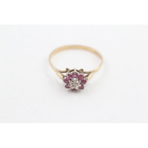 103 - 9ct gold diamond & ruby floral cluster ring (1.2g) Size O
