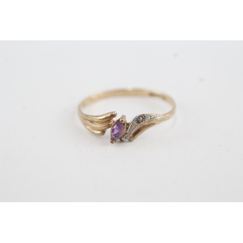 113 - 9ct gold marquise amethyst single stone ring with diamond highlight (1g) Size O