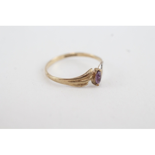 113 - 9ct gold marquise amethyst single stone ring with diamond highlight (1g) Size O