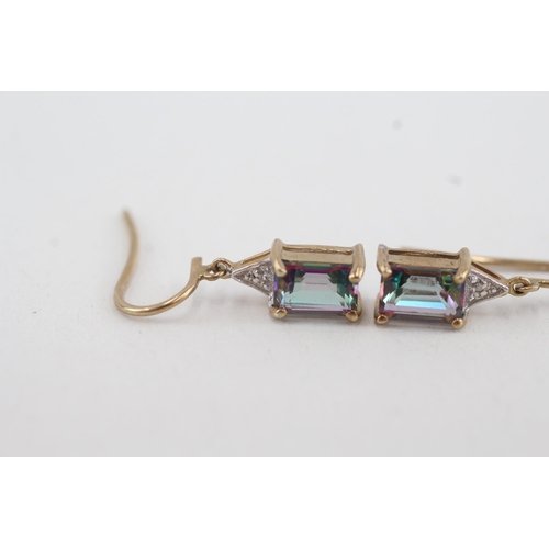 114 - 9ct gold diamond & mystic topaz drop earrings (1.9g)