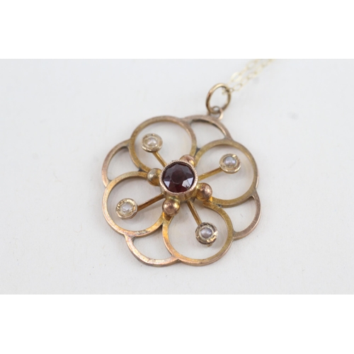 117 - 9ct gold antique Edwardian garnet & seed pearl openwork pendant necklace with later chain (2.6g)
