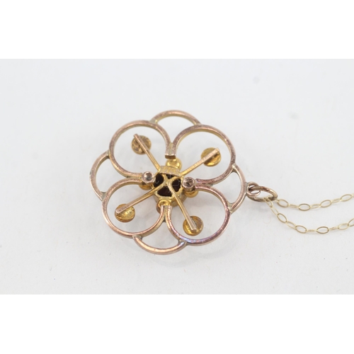 117 - 9ct gold antique Edwardian garnet & seed pearl openwork pendant necklace with later chain (2.6g)