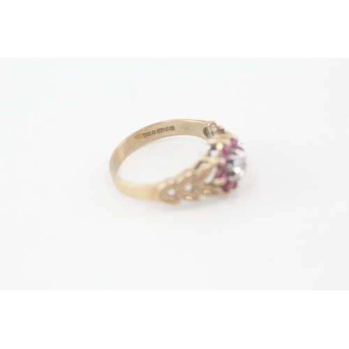 13 - 9ct gold ruby and diamond floral cluster dress ring with foliate design shoulders Size O  2.7g