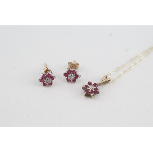 163 - 2x 9ct gold ruby & diamond cluster necklace & stud earrings set (1.7g)