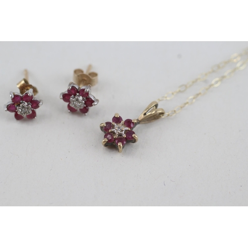 163 - 2x 9ct gold ruby & diamond cluster necklace & stud earrings set (1.7g)