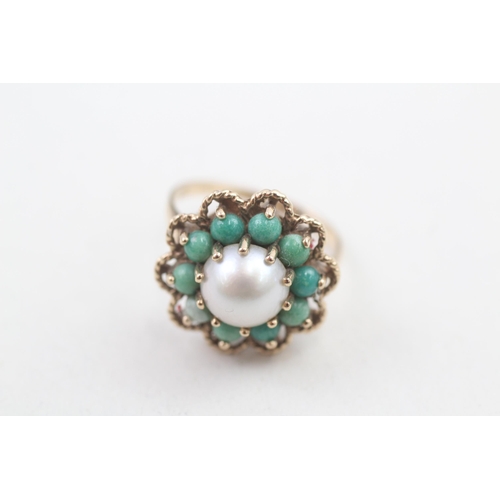 170 - 9ct gold vintage turquoise and pearl set cluster ring (3.9g) Size L