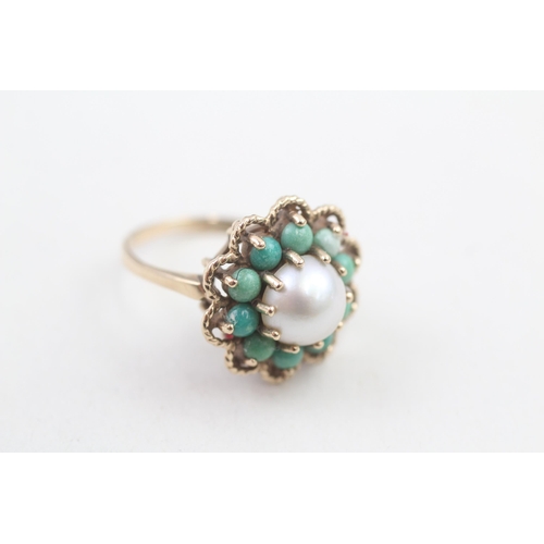 170 - 9ct gold vintage turquoise and pearl set cluster ring (3.9g) Size L