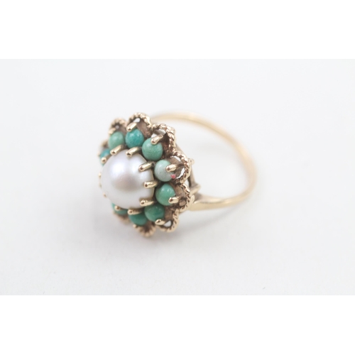 170 - 9ct gold vintage turquoise and pearl set cluster ring (3.9g) Size L