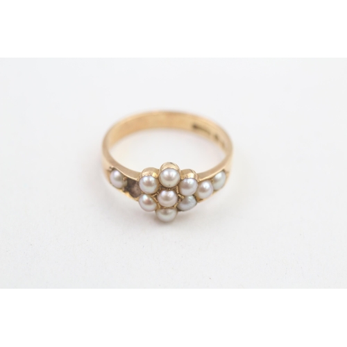 173 - 18ct gold antique split pearl set floral cluster ring - missing one pearl (3.3g) Size M 1/2