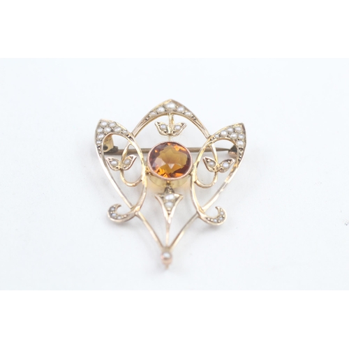 177 - 9ct gold Edwardian seed pearl and dark Citrine set brooch (4.1g)