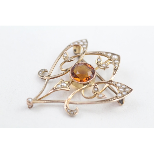 177 - 9ct gold Edwardian seed pearl and dark Citrine set brooch (4.1g)