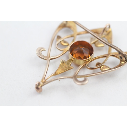 177 - 9ct gold Edwardian seed pearl and dark Citrine set brooch (4.1g)